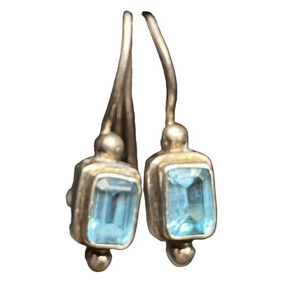 Sterling silver 925 Blue topaz emerald shaped dangle earrings wire fishhook with - Picture 3 of 12